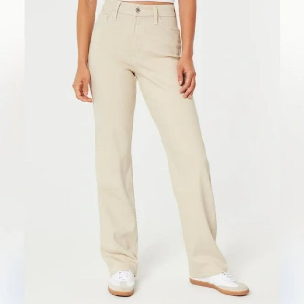 Hollister high rise dad jeans cream light tan vintage strech denim jean pants